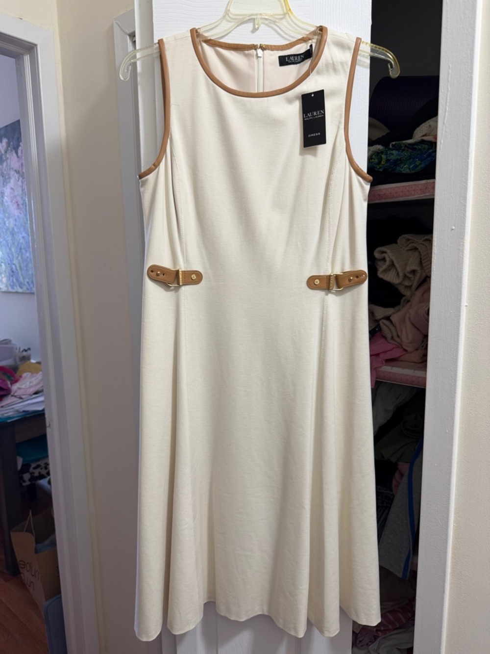 Lauren Ralph Lauren Cream Midi Dress with Tan Trim
